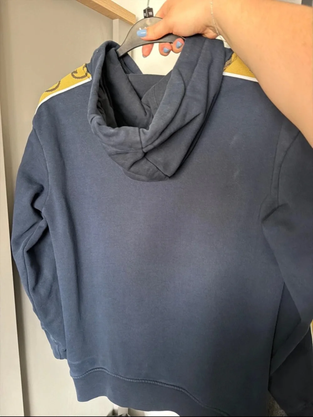 Gucci Navy Hoodie with Yellow Logo Tape Sleeves